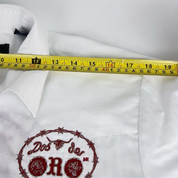 Dos De Oro Rodeo Shirt Sz M Pearl Snap Clean White Red Embroidery Front Back - Picture 4 of 12